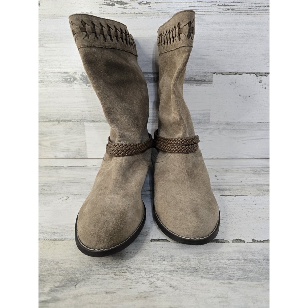 Very Volatile Womens 8.5 Taupe Suede Mid-Calf Boho Boots Braided Tassel Accent